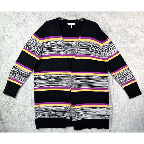 CHAUS New York Women’s L Open Front Cardigan Long Sleeve Striped Sweater Jacket - Picture 1 of 5